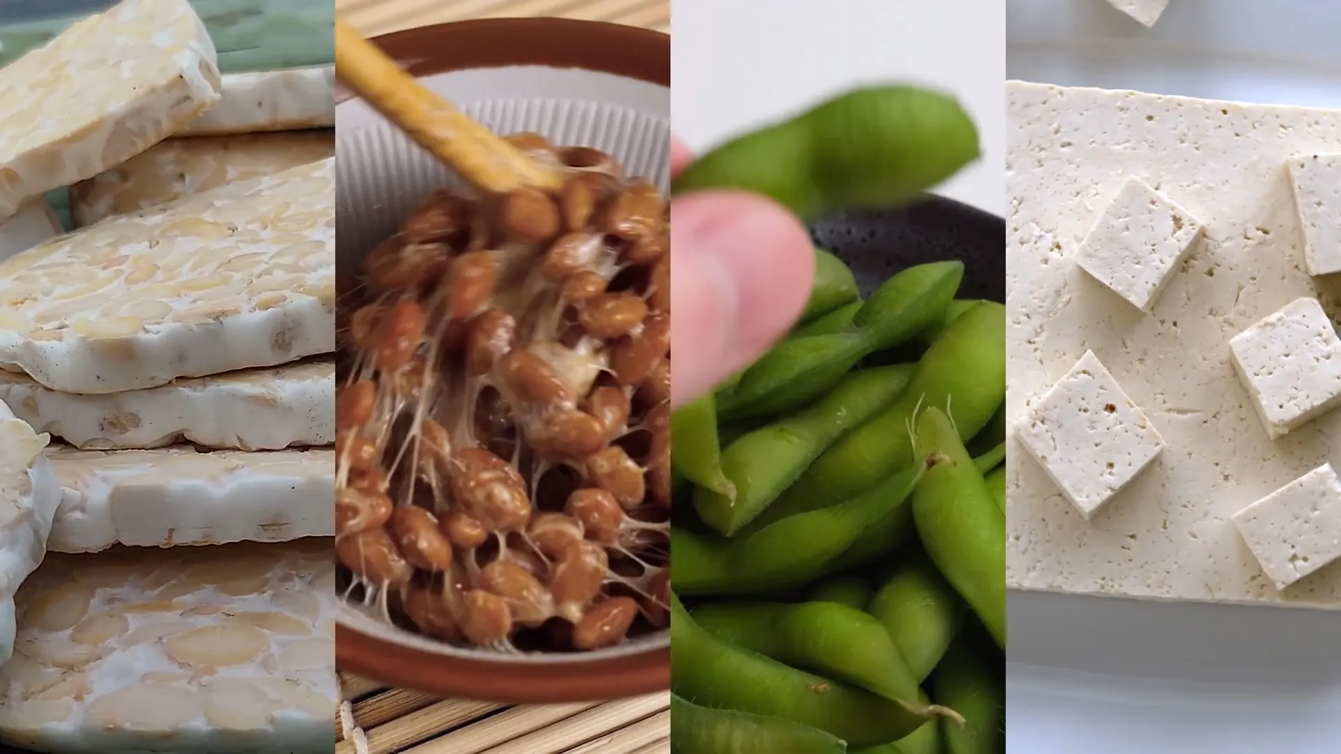 A split-screen image shows tempeh, natto, edamame, and tofu side by side.
